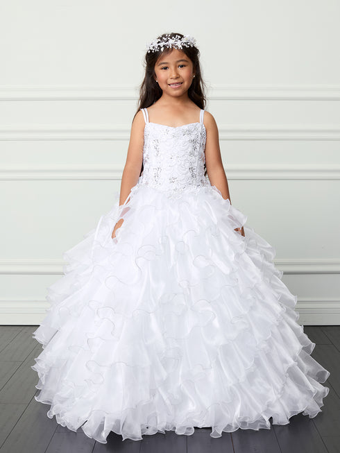 Girls Ruffled Organza Skirt & Floral Embroidery Communion Dress 7-18